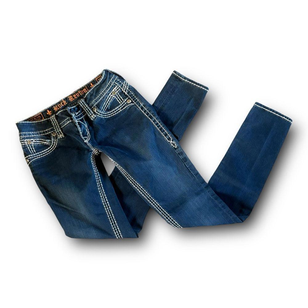 1024 Rock Revival “Aida” Skinny Jeans Size 24 (26x30.5) Rhinestones Dark Wash